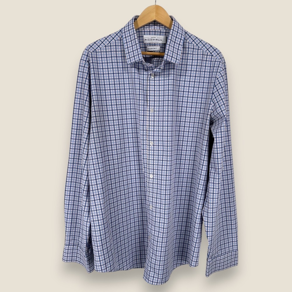 Mizzen+Main Robbins Button Down Shirt Men 2XL Trim Fit Blue White Check Wicking